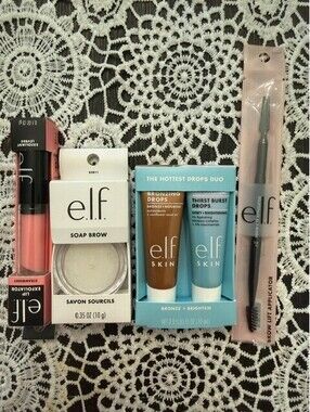elf cosmetic bundle NEW soap brow, lip exfoliator, drops duo & brush